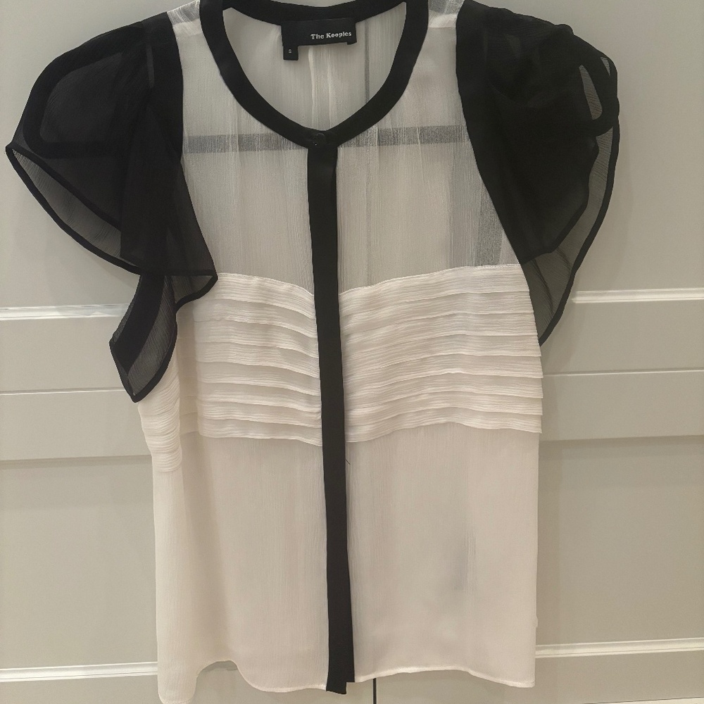 The Kooples - Silk Sheer Blouse, Size Small, White/Black